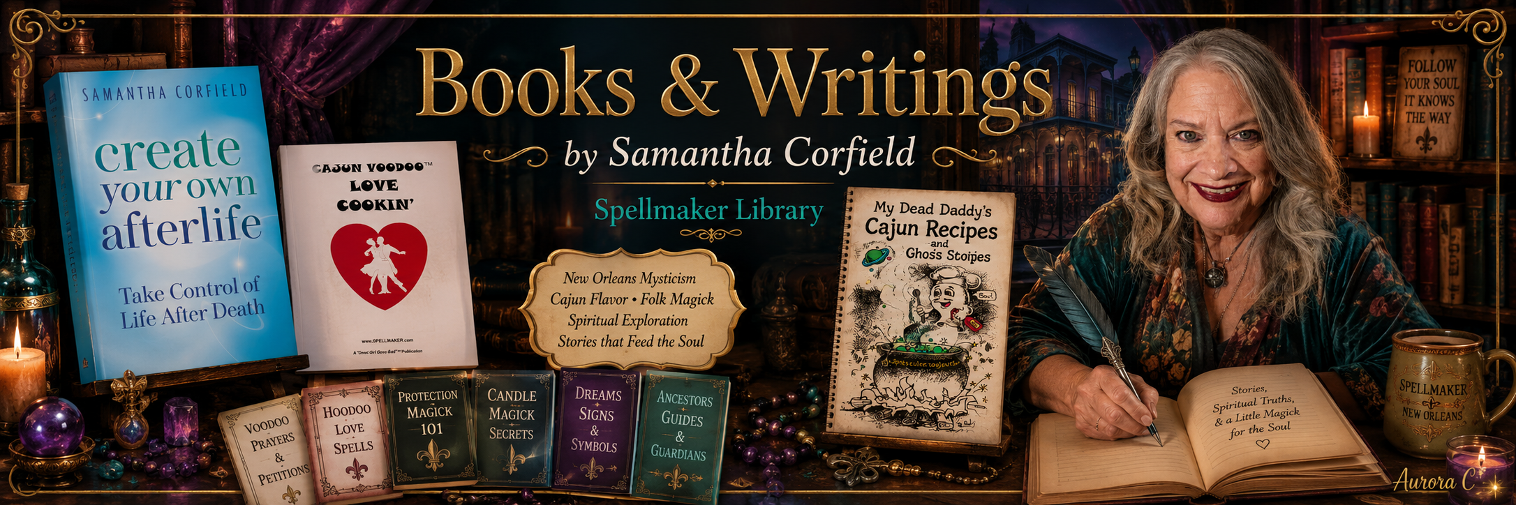 Spellmaker Books and Writings by Samantha Corfield, featuring Create Your Own Afterlife, Cajun Voodoo Love Cookin, My Dead Daddy's Cajun Recipes and Ghost Stories, and Spellmaker spiritual booklets