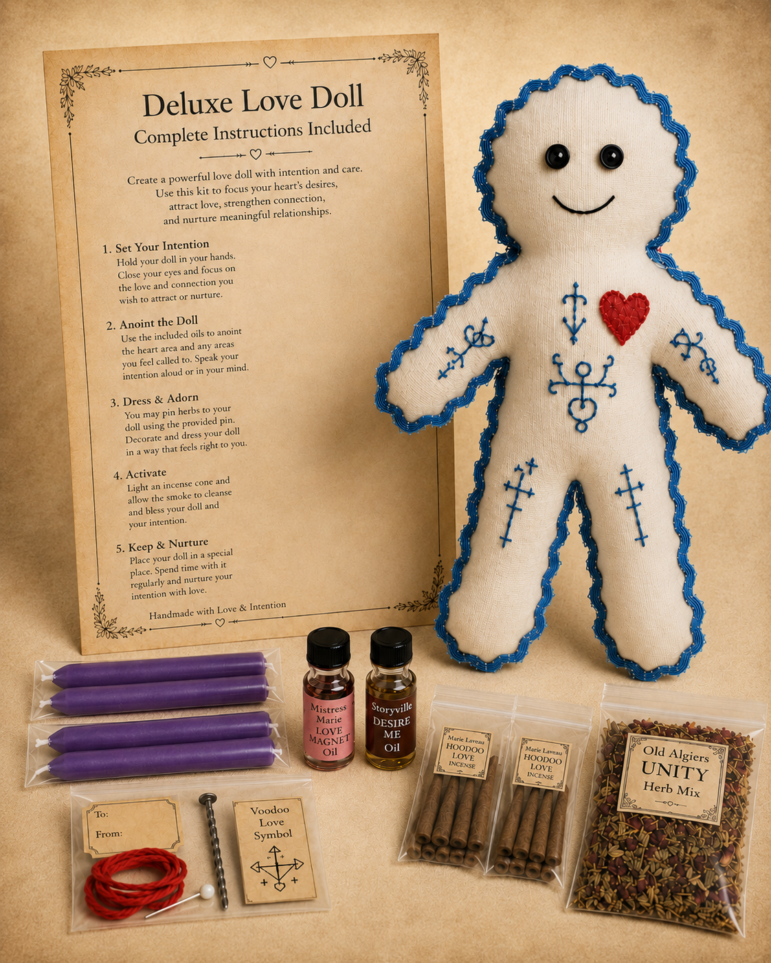 Deluxe New Orleans Voodoo Love Doll complete kit